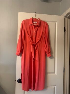 LOFT Coral Tie-Waist Midi Shirt Dress